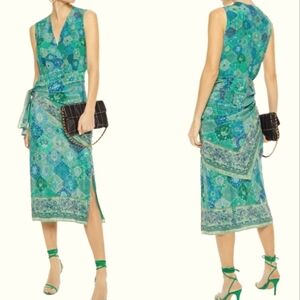 Altuzarra Teal Blue Silk Print V-neck Wrap Midi Dress